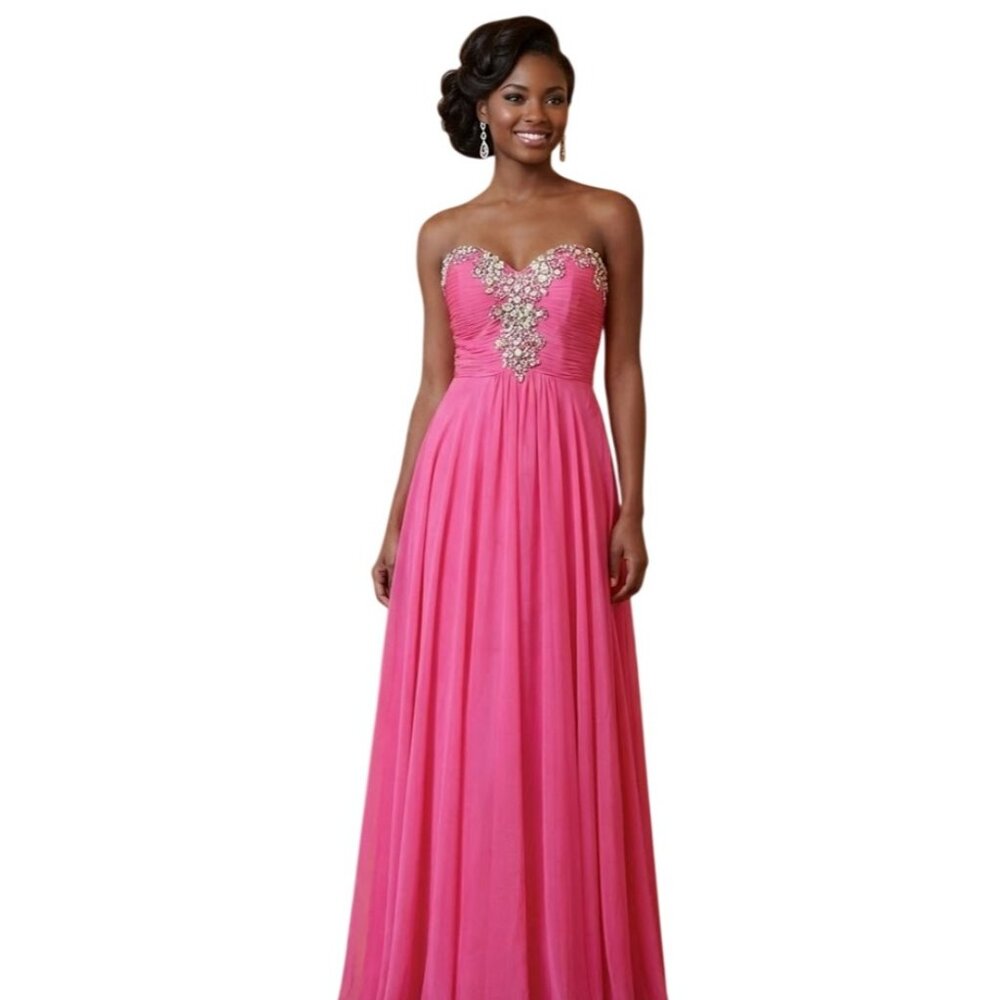 Blush Prom Strapless Barbie Pink Gown 4 Rhinestone Flowy Chiffon Prom Pageant